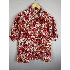 Vintage Made In Hawaii Aloha Shirt XL Red Pink Floral Barkcloth